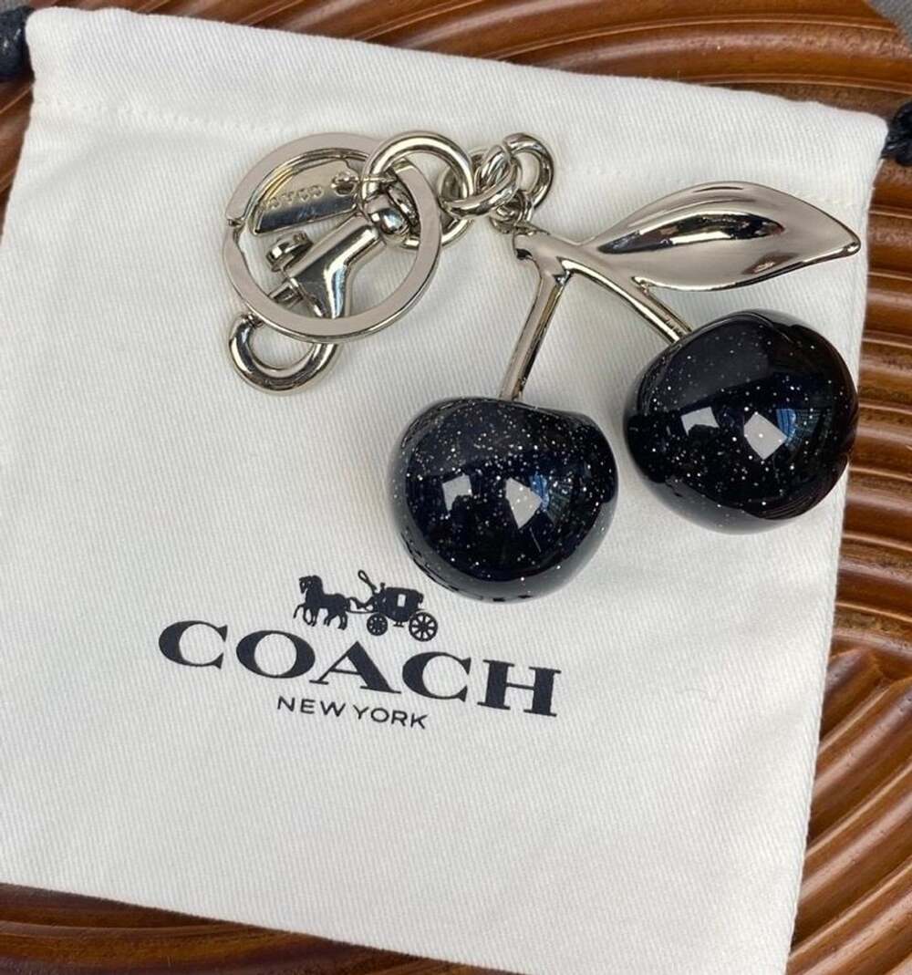 Coach Cherry Bag Charm Keychain Black Glitter Silver Tone